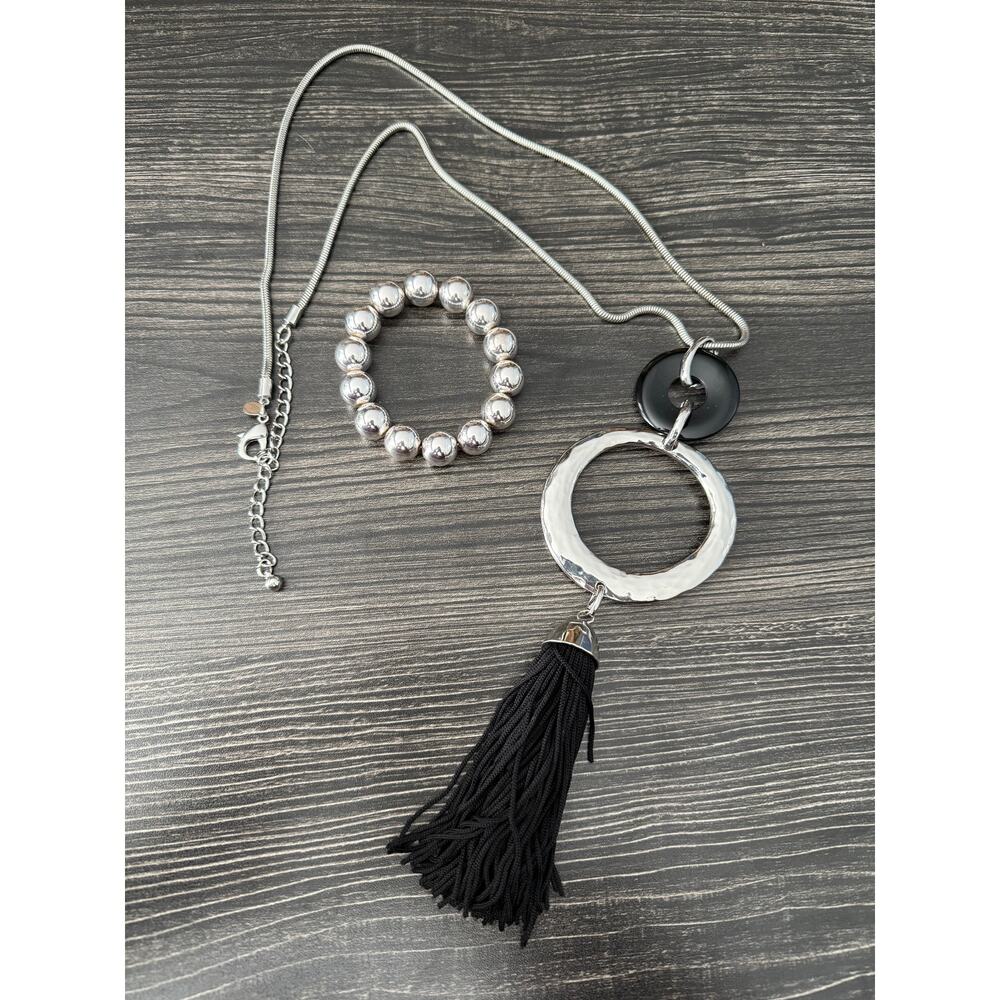 Chico’s XL Silver-Tone Tassel Necklace and Matching Beaded Bracelet Set